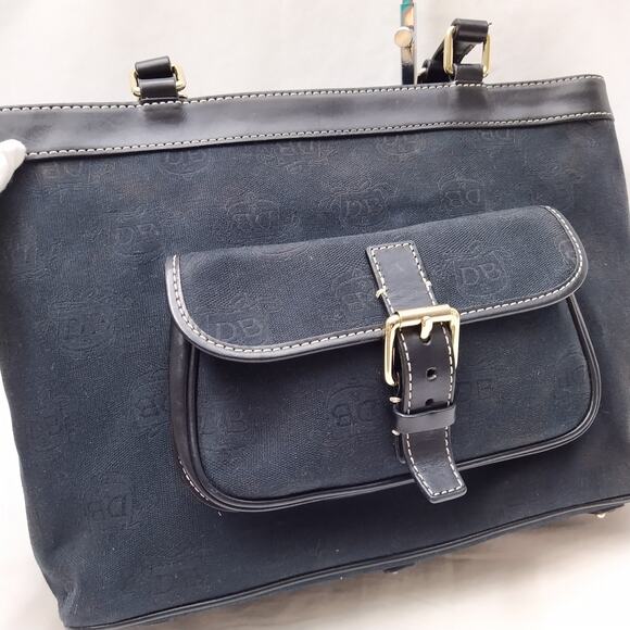 Dooney & Bourke Dark Blue Canvas DB Printed Buckle Pocket Zipper Tote Bag - Picture 3 of 16